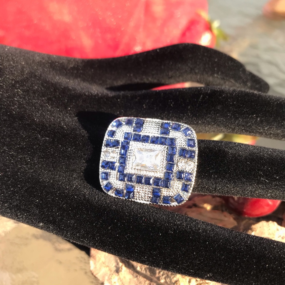 Blue White Crystal Deco Style Ring